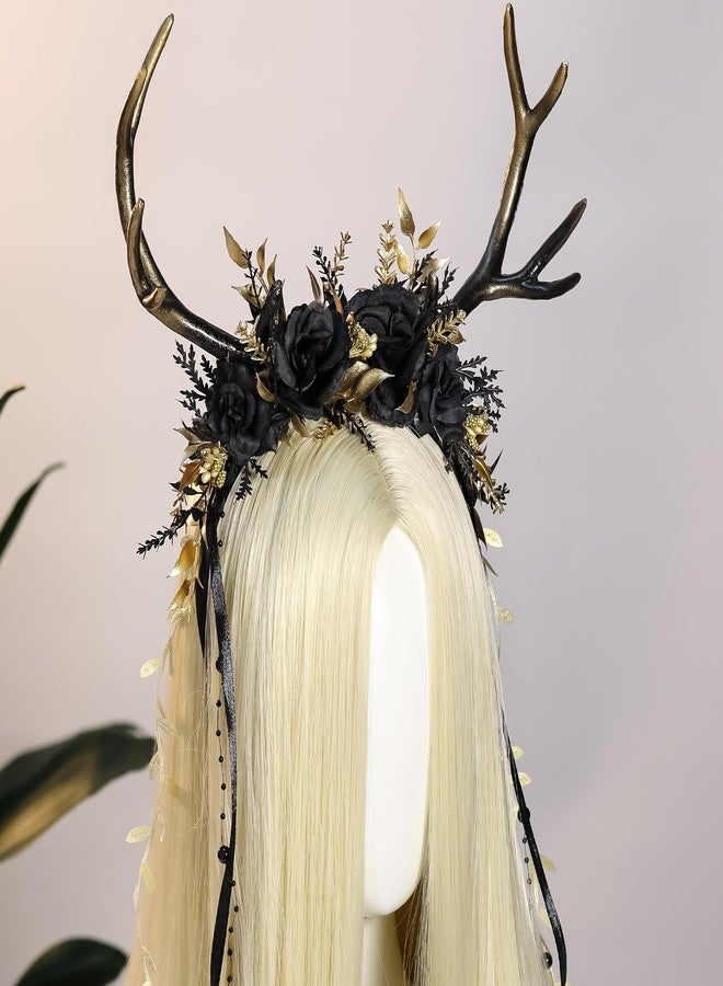 MOSTORY Black Flower Reindeer Headpiece - Dark Floral Antlers Headpiece for Goth Cosplay Dark Fairy Costume, Gothic Deer Horns Headband with Vine for Renaissance Accessories Women Witch Aesthetic - Image 4